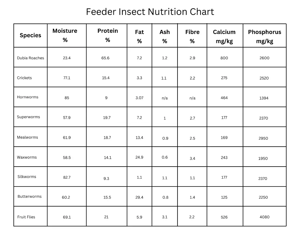 Feeder Insect Nutrition Chart